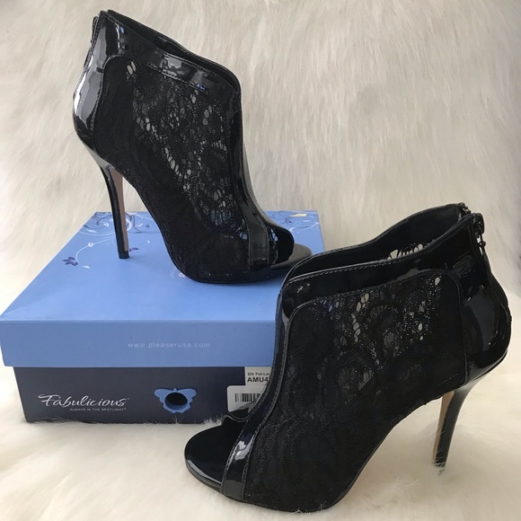 Fabulicious Shoes - Fabulicious Black Pat Lace Bootie Heels